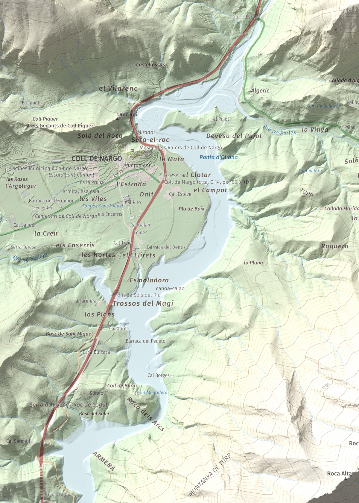 Mapa de relieve de Tossal de Balinyó, 1211 m, Alt Urgell, lámina 100 Cims de Trobart. Detalle de la zona inferior izquierda. 50 × 70 cm.