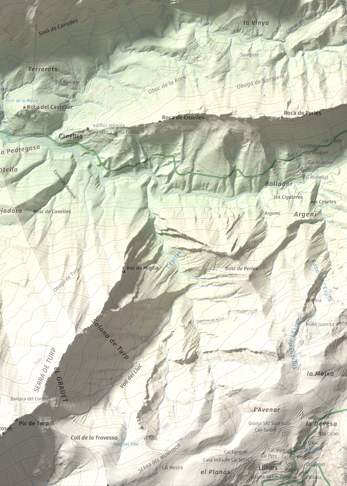 Mapa de relieve de Tossal de Balinyó, 1211 m, Alt Urgell, lámina 100 Cims de Trobart. Detalle de la zona inferior derecha. 50 × 70 cm.