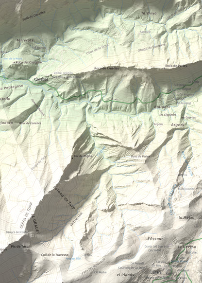 Mapa de relieve de Tossal de Balinyó, 1211 m, Alt Urgell, lámina 100 Cims de Trobart. Detalle de la zona inferior derecha. 50 × 70 cm.