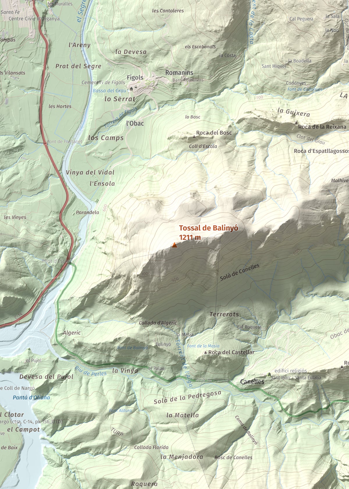 Mapa de relieve de Tossal de Balinyó, 1211 m, Alt Urgell, lámina 100 Cims de Trobart. Detalle de la zona central. 50 × 70 cm.