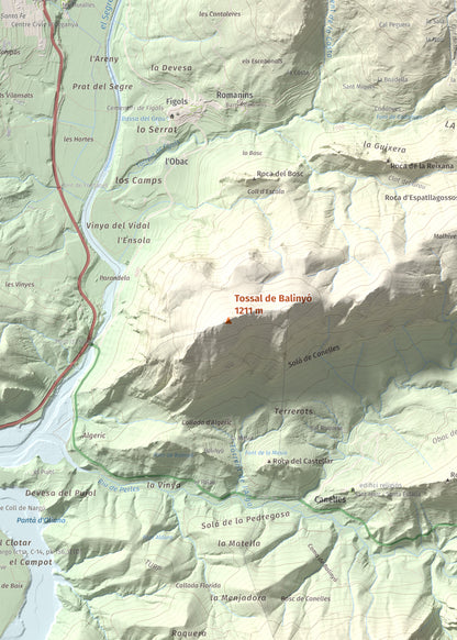 Mapa de relieve de Tossal de Balinyó, 1211 m, Alt Urgell, lámina 100 Cims de Trobart. Detalle de la zona central. 50 × 70 cm.