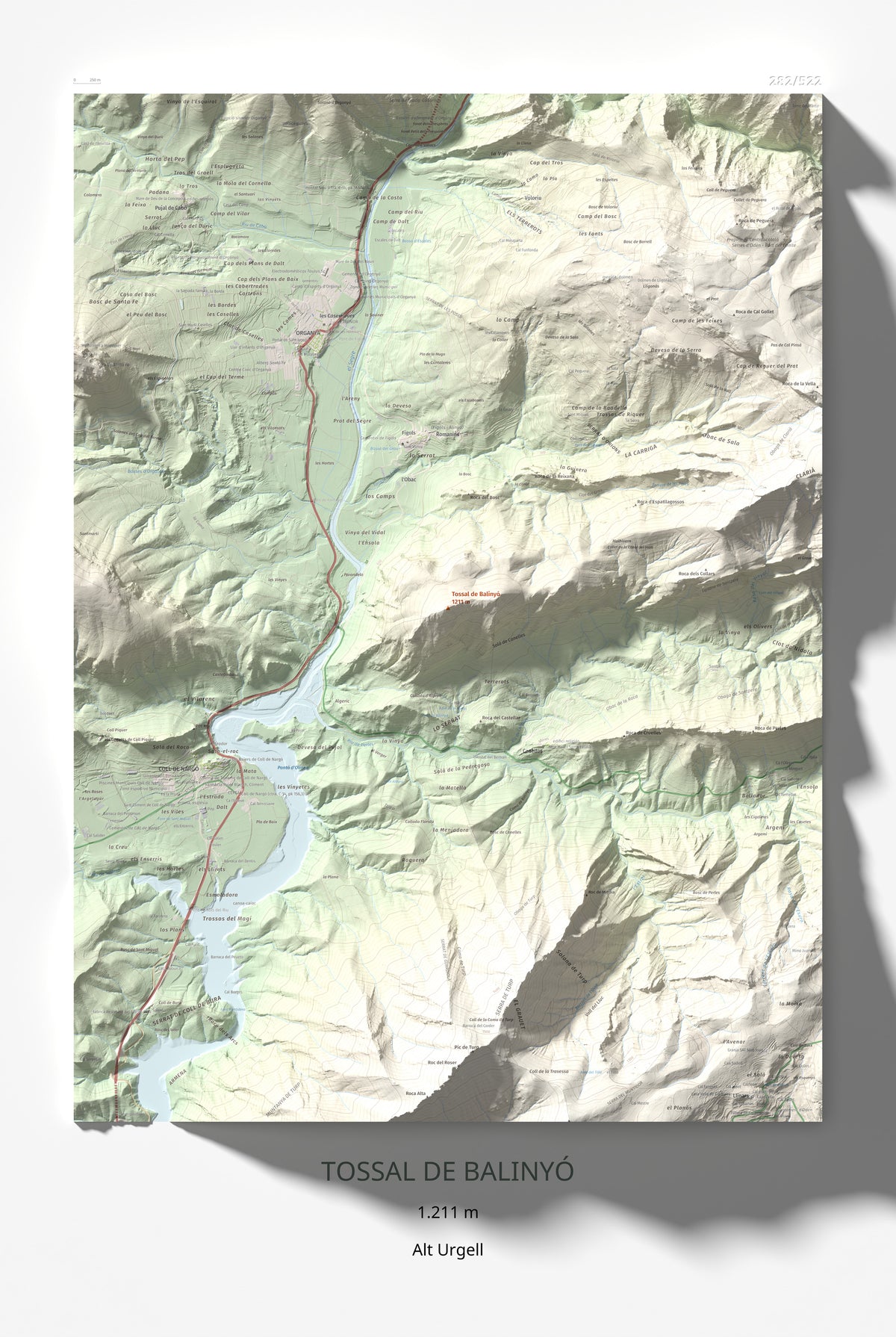 Mapa de relieve de Tossal de Balinyó, 1211 m, Alt Urgell, lámina 100 Cims de Trobart 61 × 91 cm.