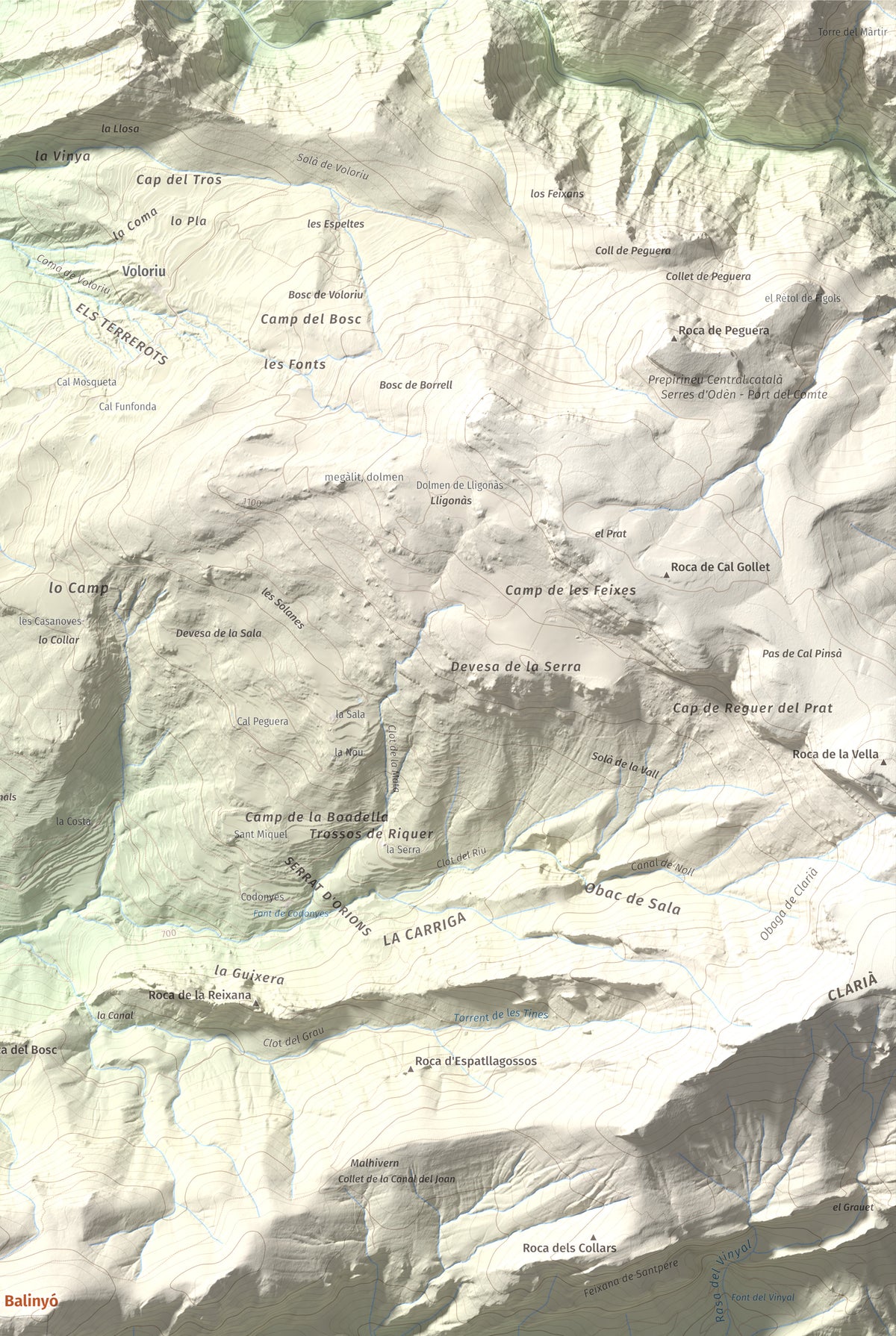 Mapa de relieve de Tossal de Balinyó, 1211 m, Alt Urgell, lámina 100 Cims de Trobart. Detalle de la zona superior derecha. 61 × 91 cm.
