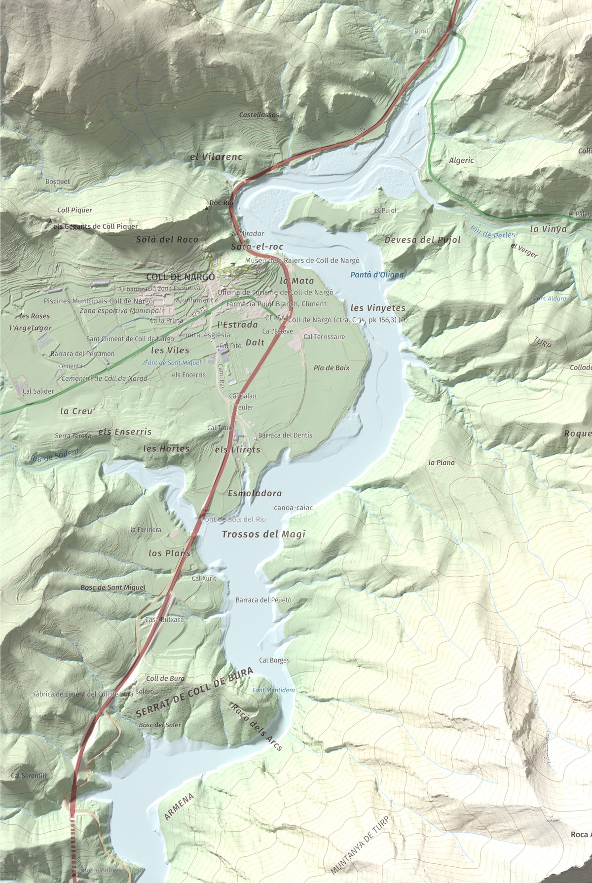 Mapa de relieve de Tossal de Balinyó, 1211 m, Alt Urgell, lámina 100 Cims de Trobart. Detalle de la zona inferior izquierda. 61 × 91 cm.