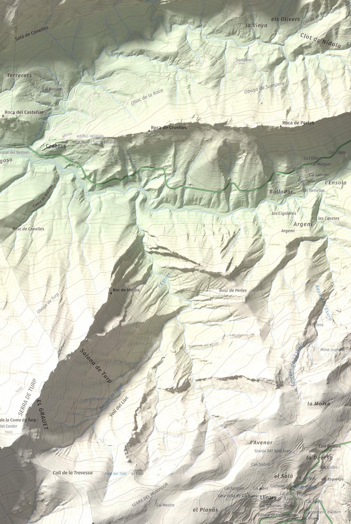 Mapa de relieve de Tossal de Balinyó, 1211 m, Alt Urgell, lámina 100 Cims de Trobart. Detalle de la zona inferior derecha. 61 × 91 cm.