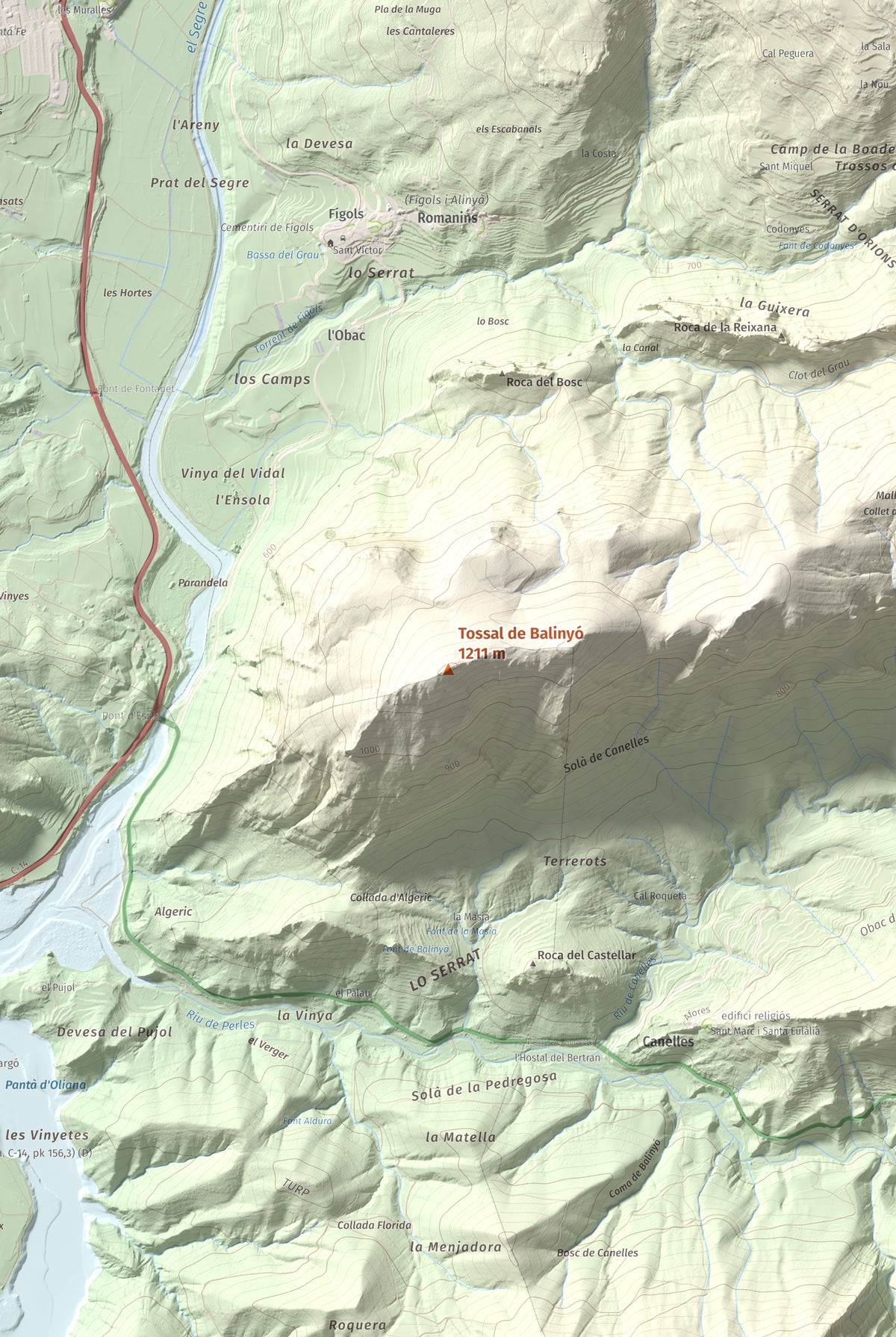 Mapa de relieve de Tossal de Balinyó, 1211 m, Alt Urgell, lámina 100 Cims de Trobart. Detalle de la zona central. 61 × 91 cm.
