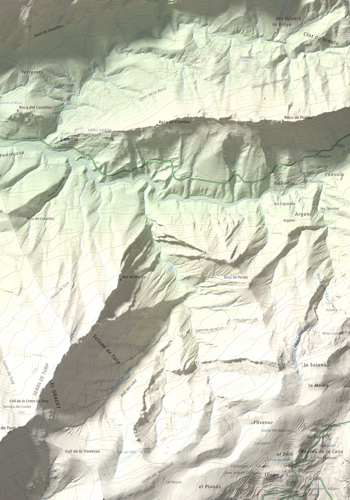 Mapa de relieve de Tossal de Balinyó, 1211 m, Alt Urgell, lámina 100 Cims de Trobart. Detalle de la zona inferior derecha. 70 × 100 cm.