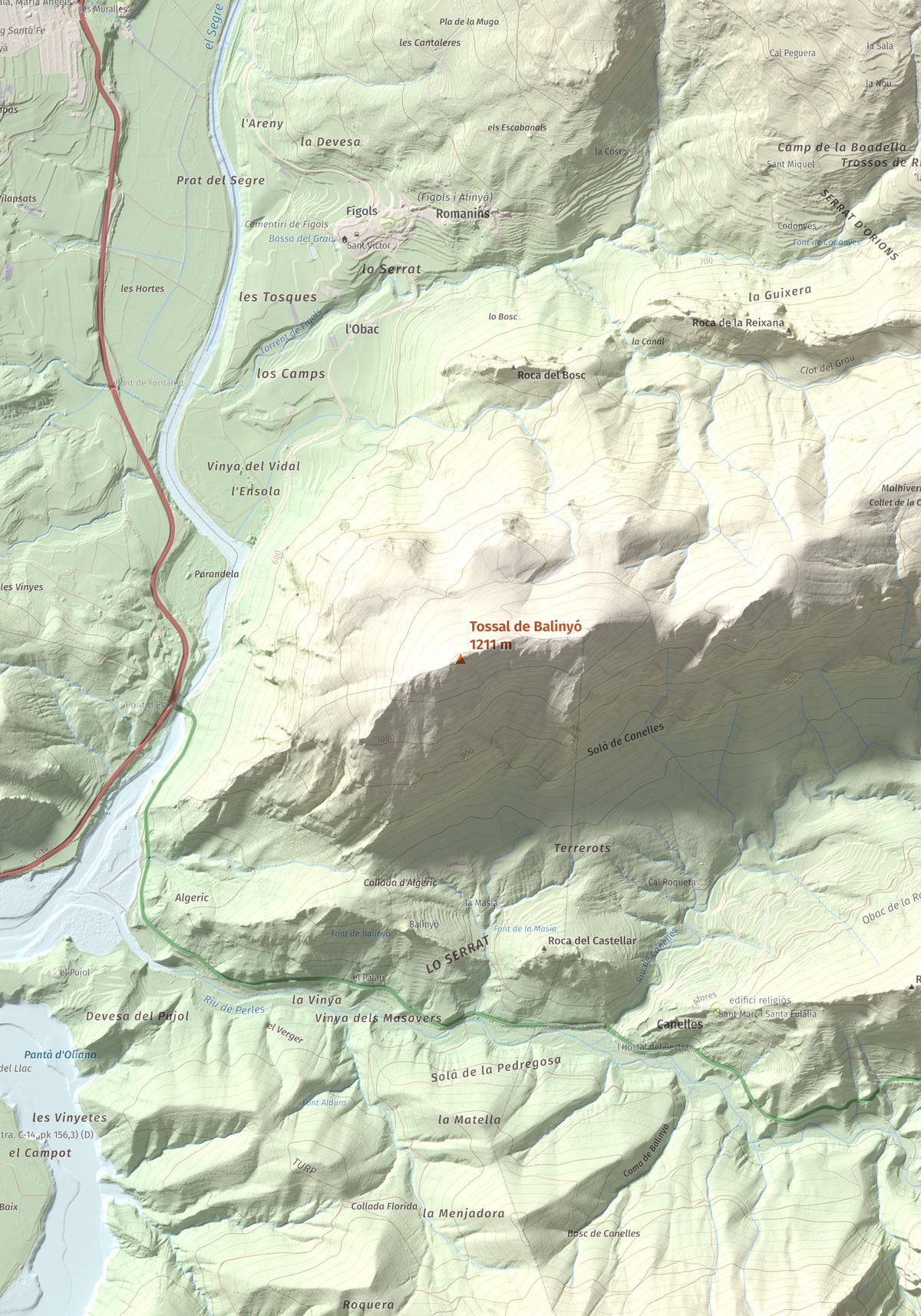 Mapa de relieve de Tossal de Balinyó, 1211 m, Alt Urgell, lámina 100 Cims de Trobart. Detalle de la zona central. 70 × 100 cm.