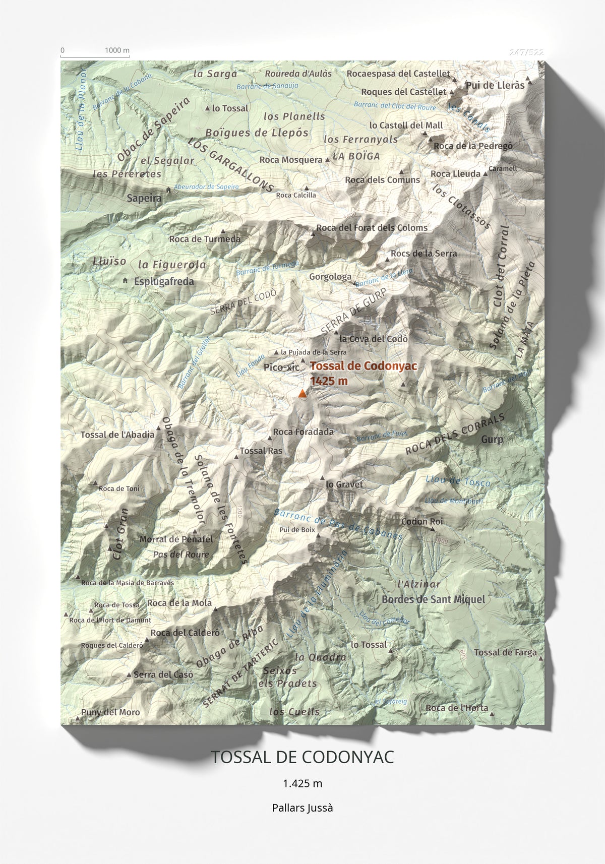 Mapa de relieve de Tossal de Codonyac, 1425 m, Pallars Jussà, lámina 100 Cims de Trobart 21 × 30 cm.