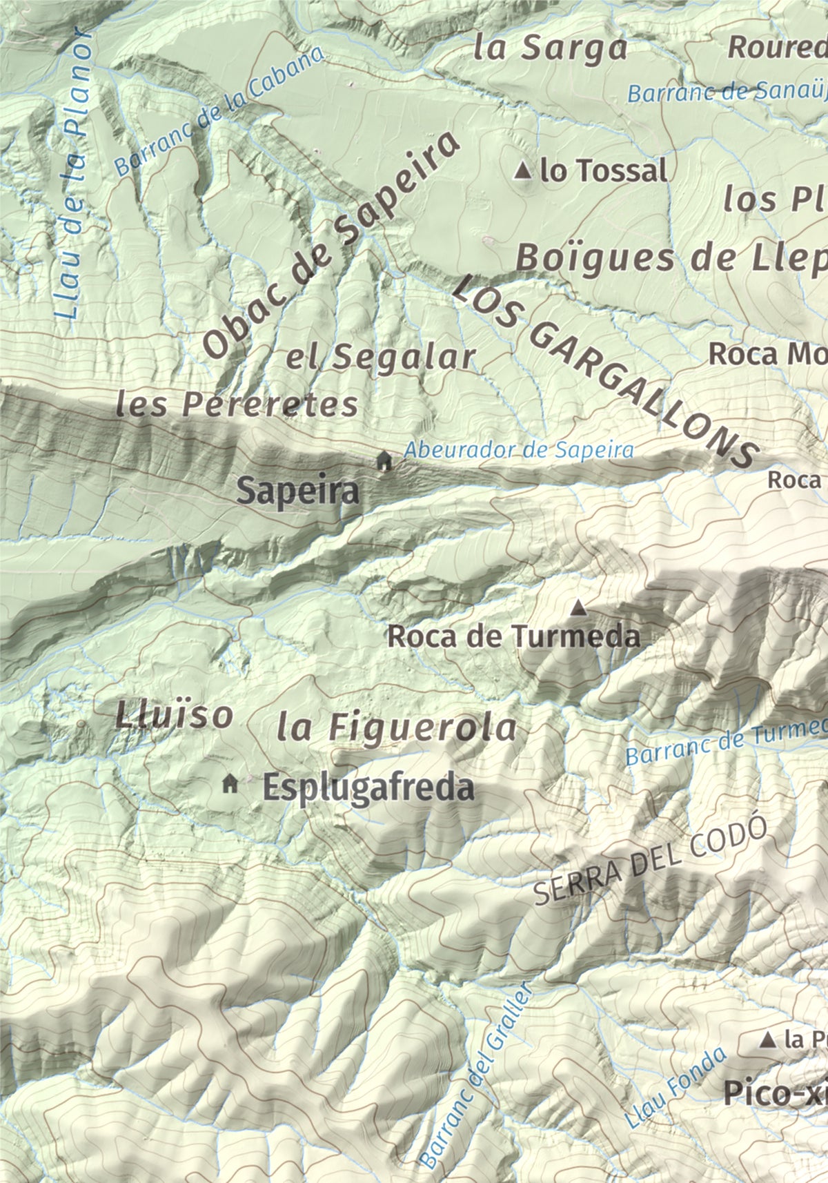 Mapa de relieve de Tossal de Codonyac, 1425 m, Pallars Jussà, lámina 100 Cims de Trobart. Detalle de la zona superior izquierda. 21 × 30 cm.