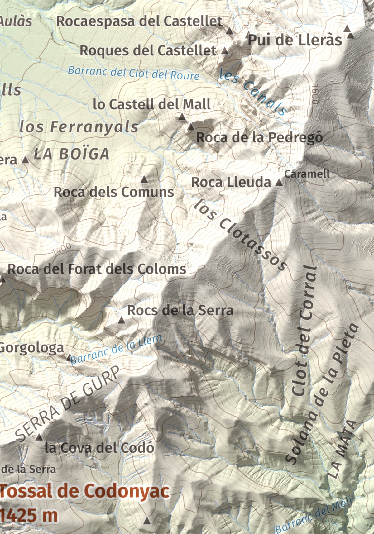 Mapa de relieve de Tossal de Codonyac, 1425 m, Pallars Jussà, lámina 100 Cims de Trobart. Detalle de la zona superior derecha. 21 × 30 cm.