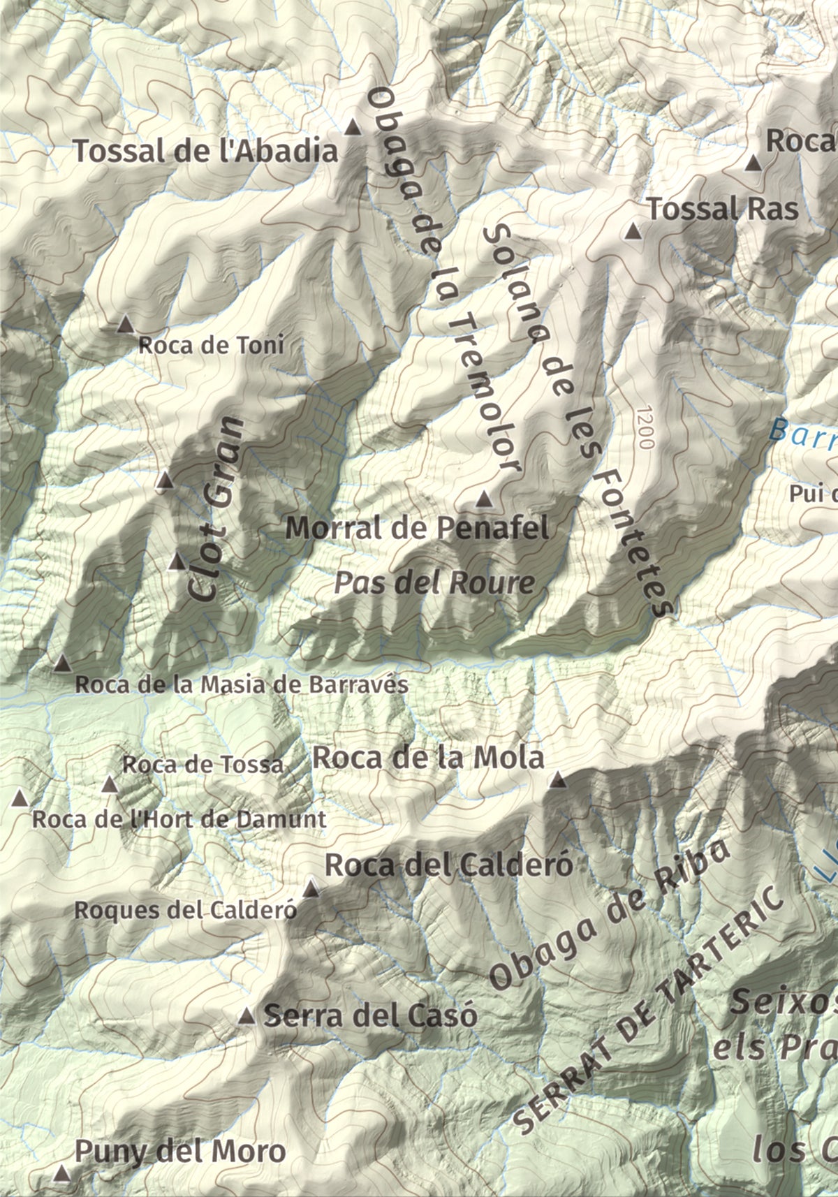 Mapa de relieve de Tossal de Codonyac, 1425 m, Pallars Jussà, lámina 100 Cims de Trobart. Detalle de la zona inferior izquierda. 21 × 30 cm.