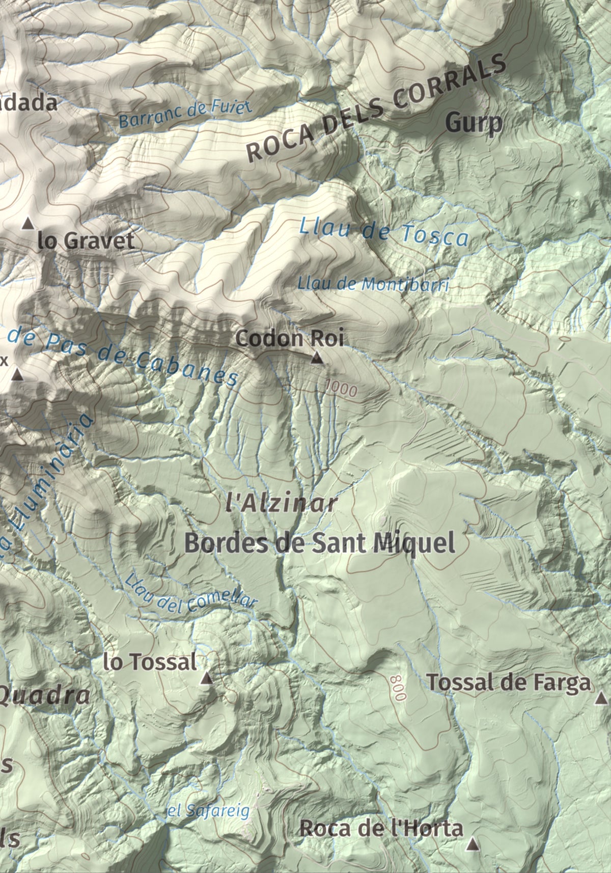 Mapa de relieve de Tossal de Codonyac, 1425 m, Pallars Jussà, lámina 100 Cims de Trobart. Detalle de la zona inferior derecha. 21 × 30 cm.