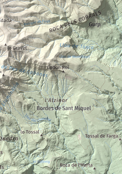 Mapa de relieve de Tossal de Codonyac, 1425 m, Pallars Jussà, lámina 100 Cims de Trobart. Detalle de la zona inferior derecha. 21 × 30 cm.