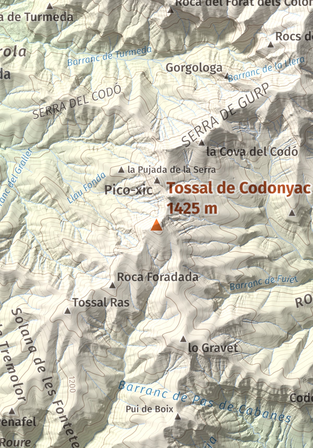 Mapa de relieve de Tossal de Codonyac, 1425 m, Pallars Jussà, lámina 100 Cims de Trobart. Detalle de la zona central. 21 × 30 cm.