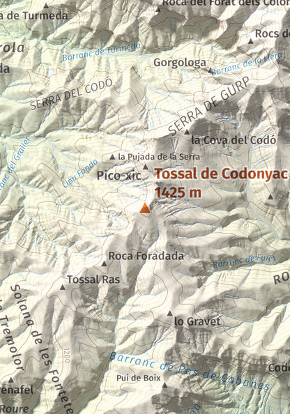 Mapa de relieve de Tossal de Codonyac, 1425 m, Pallars Jussà, lámina 100 Cims de Trobart. Detalle de la zona central. 21 × 30 cm.