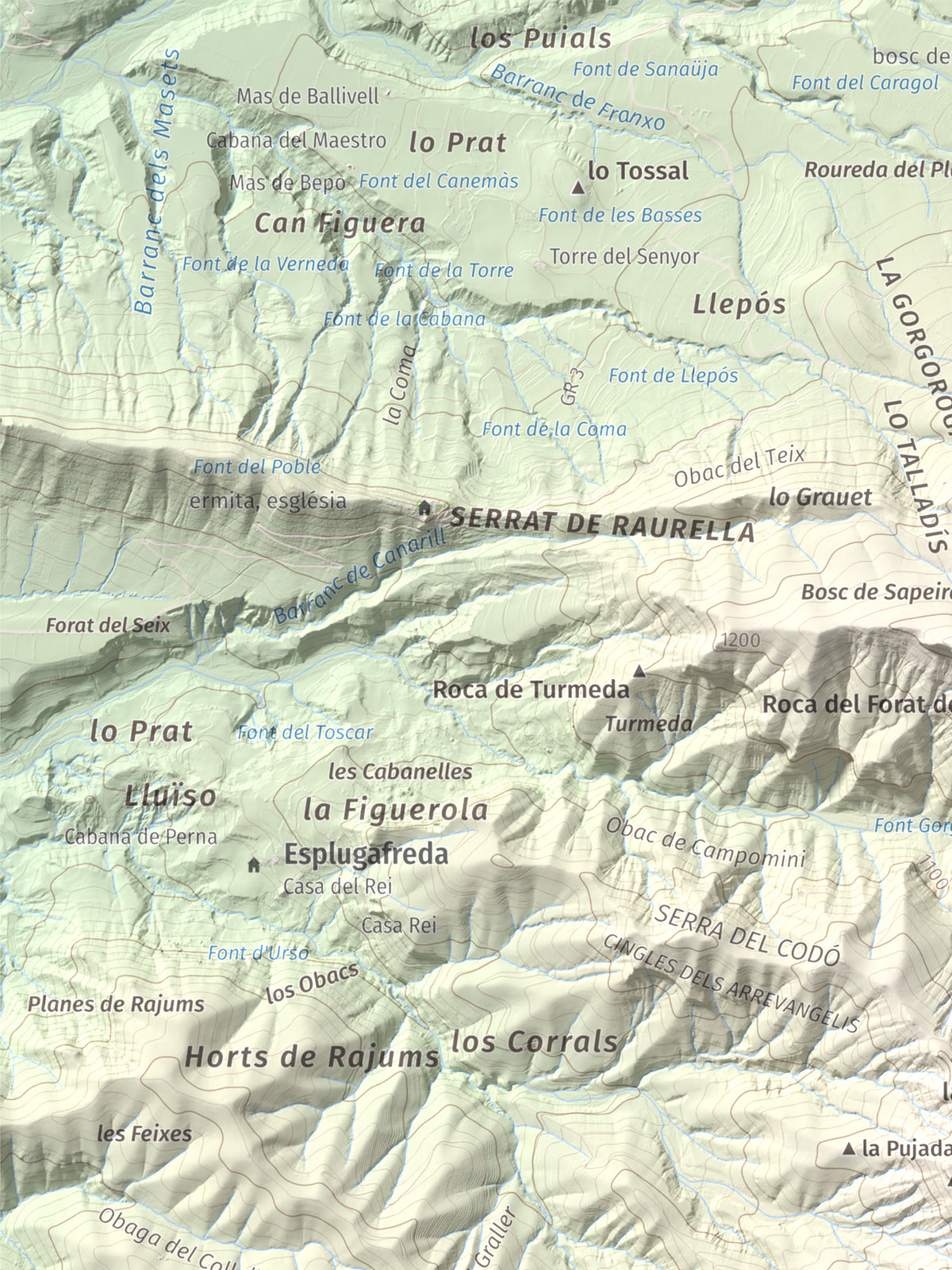 Mapa de relieve de Tossal de Codonyac, 1425 m, Pallars Jussà, lámina 100 Cims de Trobart. Detalle de la zona superior izquierda. 30 × 40 cm.