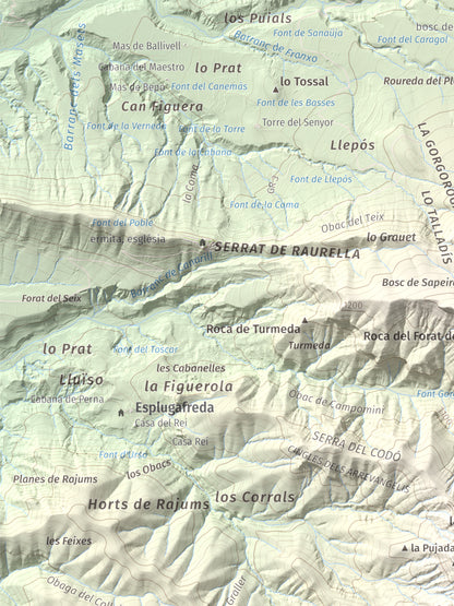 Mapa de relieve de Tossal de Codonyac, 1425 m, Pallars Jussà, lámina 100 Cims de Trobart. Detalle de la zona superior izquierda. 30 × 40 cm.