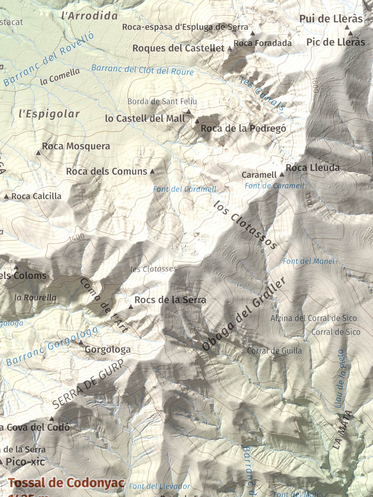 Mapa de relieve de Tossal de Codonyac, 1425 m, Pallars Jussà, lámina 100 Cims de Trobart. Detalle de la zona superior derecha. 30 × 40 cm.
