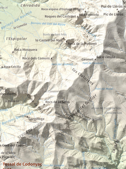 Mapa de relieve de Tossal de Codonyac, 1425 m, Pallars Jussà, lámina 100 Cims de Trobart. Detalle de la zona superior derecha. 30 × 40 cm.