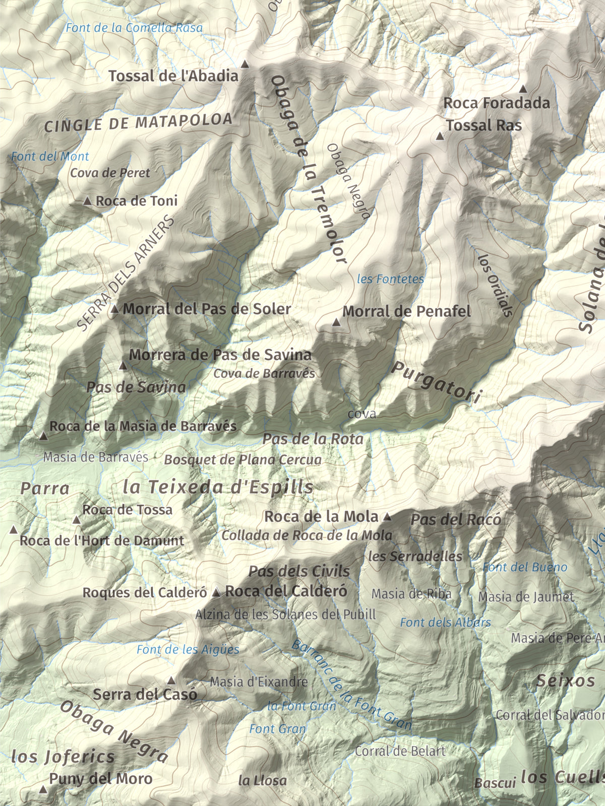 Mapa de relieve de Tossal de Codonyac, 1425 m, Pallars Jussà, lámina 100 Cims de Trobart. Detalle de la zona inferior izquierda. 30 × 40 cm.
