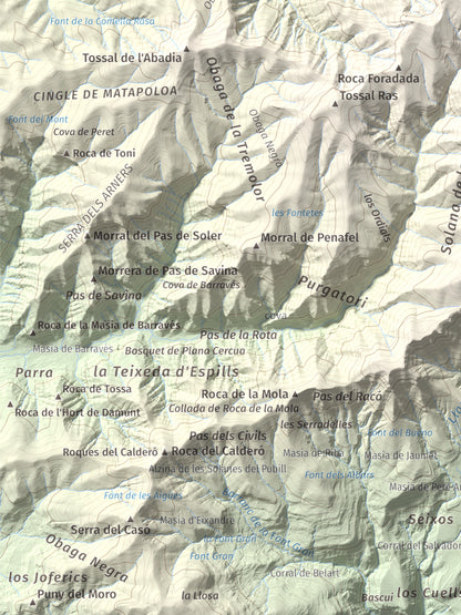 Mapa de relieve de Tossal de Codonyac, 1425 m, Pallars Jussà, lámina 100 Cims de Trobart. Detalle de la zona inferior izquierda. 30 × 40 cm.