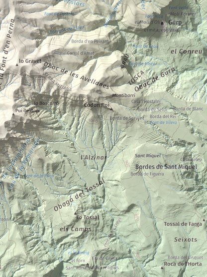 Mapa de relieve de Tossal de Codonyac, 1425 m, Pallars Jussà, lámina 100 Cims de Trobart. Detalle de la zona inferior derecha. 30 × 40 cm.