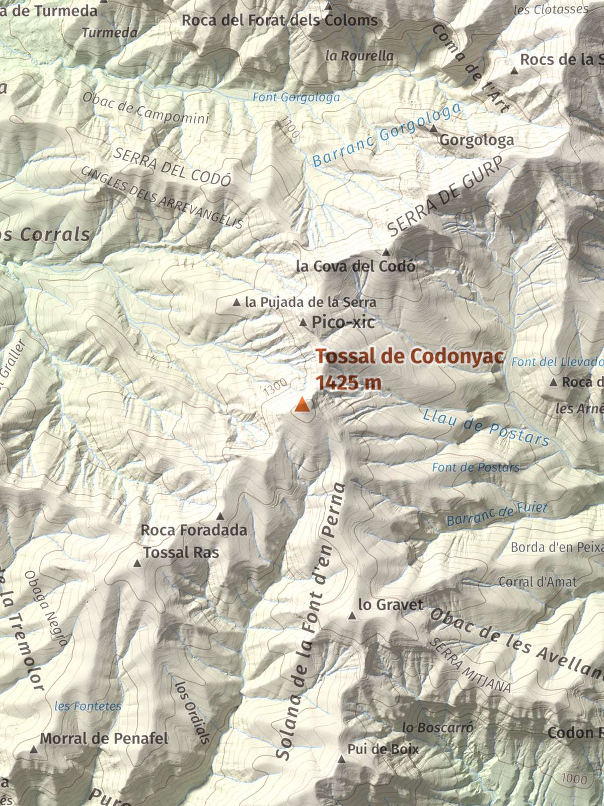 Mapa de relieve de Tossal de Codonyac, 1425 m, Pallars Jussà, lámina 100 Cims de Trobart. Detalle de la zona central. 30 × 40 cm.