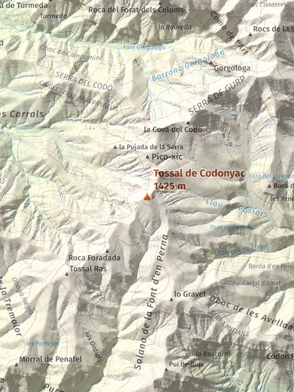 Mapa de relieve de Tossal de Codonyac, 1425 m, Pallars Jussà, lámina 100 Cims de Trobart. Detalle de la zona central. 30 × 40 cm.