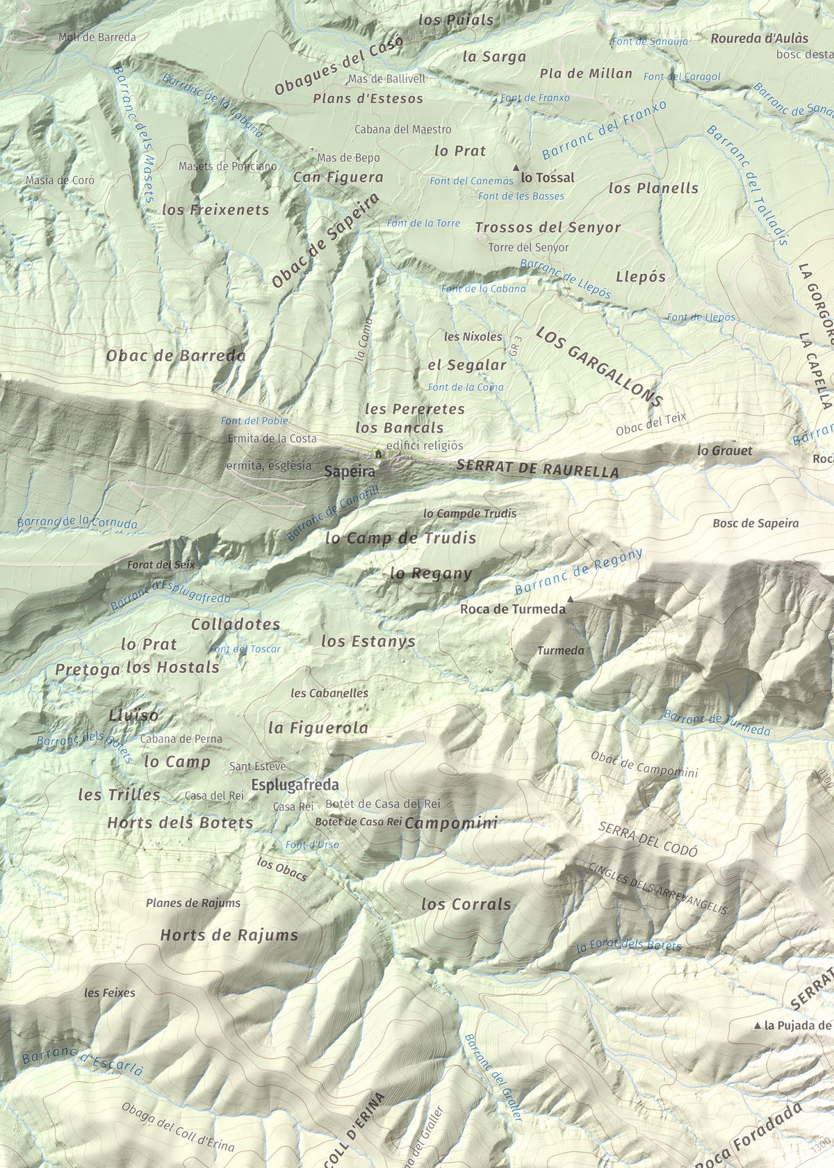 Mapa de relieve de Tossal de Codonyac, 1425 m, Pallars Jussà, lámina 100 Cims de Trobart. Detalle de la zona superior izquierda. 50 × 70 cm.