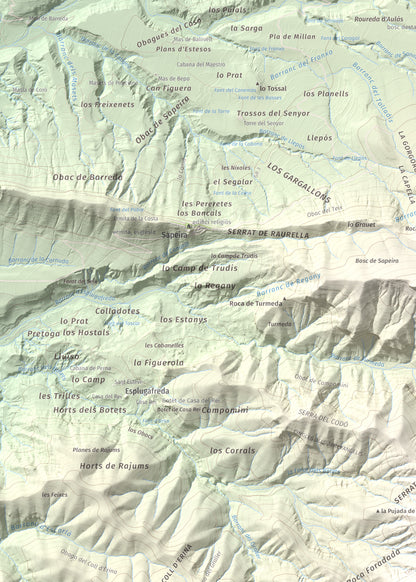 Mapa de relieve de Tossal de Codonyac, 1425 m, Pallars Jussà, lámina 100 Cims de Trobart. Detalle de la zona superior izquierda. 50 × 70 cm.