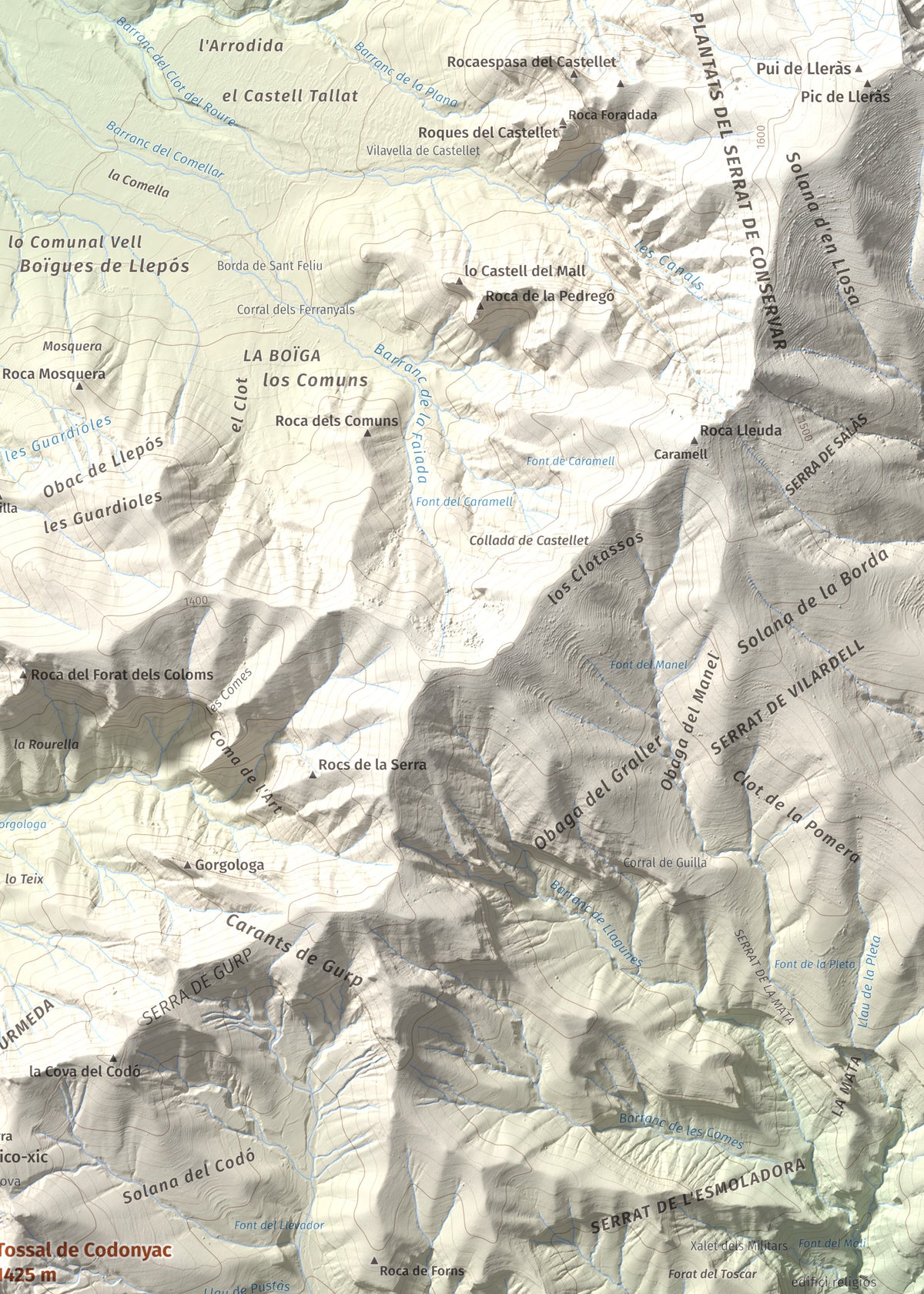 Mapa de relieve de Tossal de Codonyac, 1425 m, Pallars Jussà, lámina 100 Cims de Trobart. Detalle de la zona superior derecha. 50 × 70 cm.