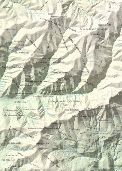 Mapa de relieve de Tossal de Codonyac, 1425 m, Pallars Jussà, lámina 100 Cims de Trobart. Detalle de la zona inferior izquierda. 50 × 70 cm.