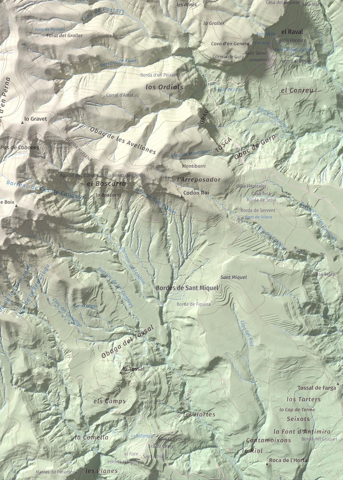 Mapa de relieve de Tossal de Codonyac, 1425 m, Pallars Jussà, lámina 100 Cims de Trobart. Detalle de la zona inferior derecha. 50 × 70 cm.