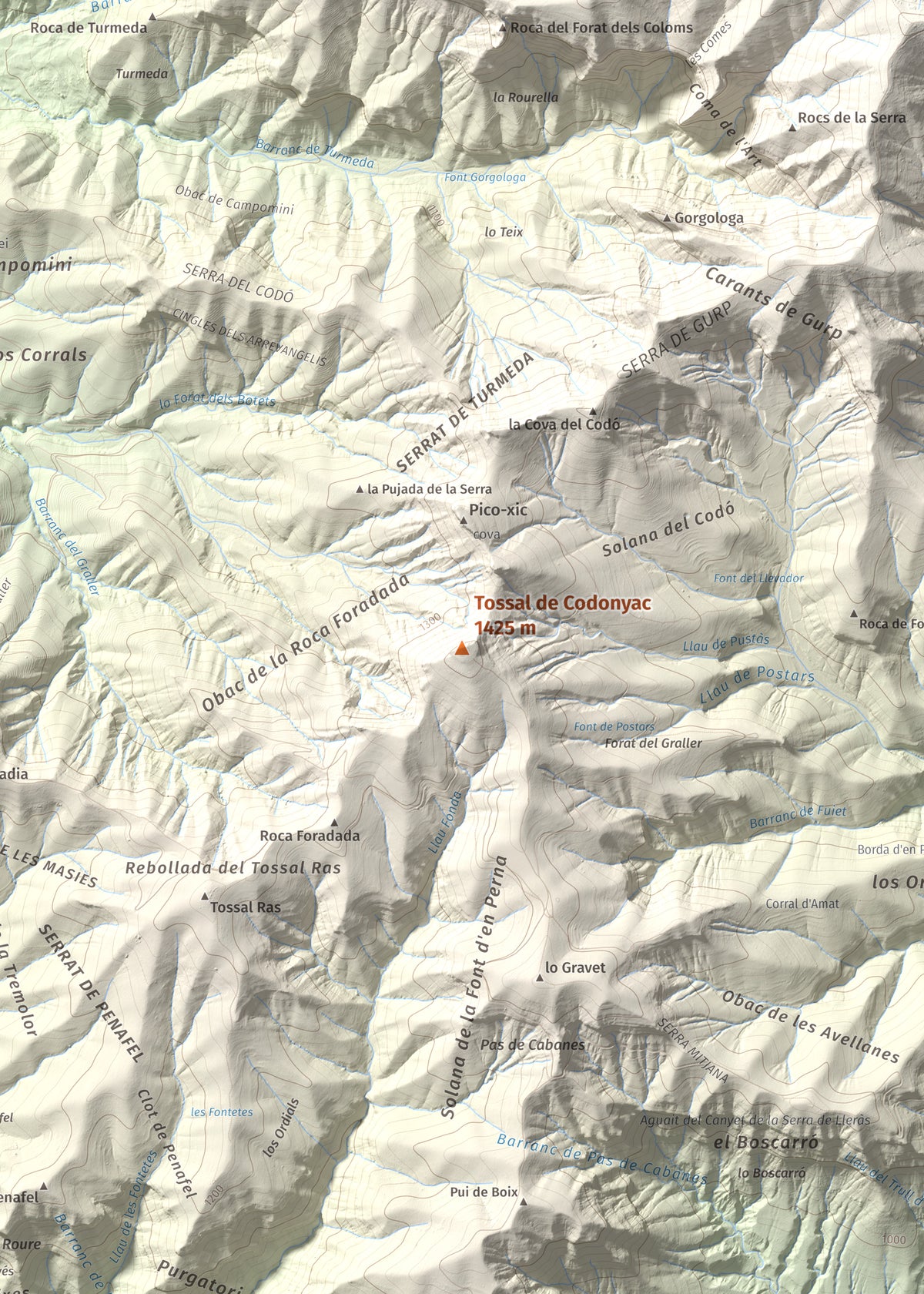 Mapa de relieve de Tossal de Codonyac, 1425 m, Pallars Jussà, lámina 100 Cims de Trobart. Detalle de la zona central. 50 × 70 cm.