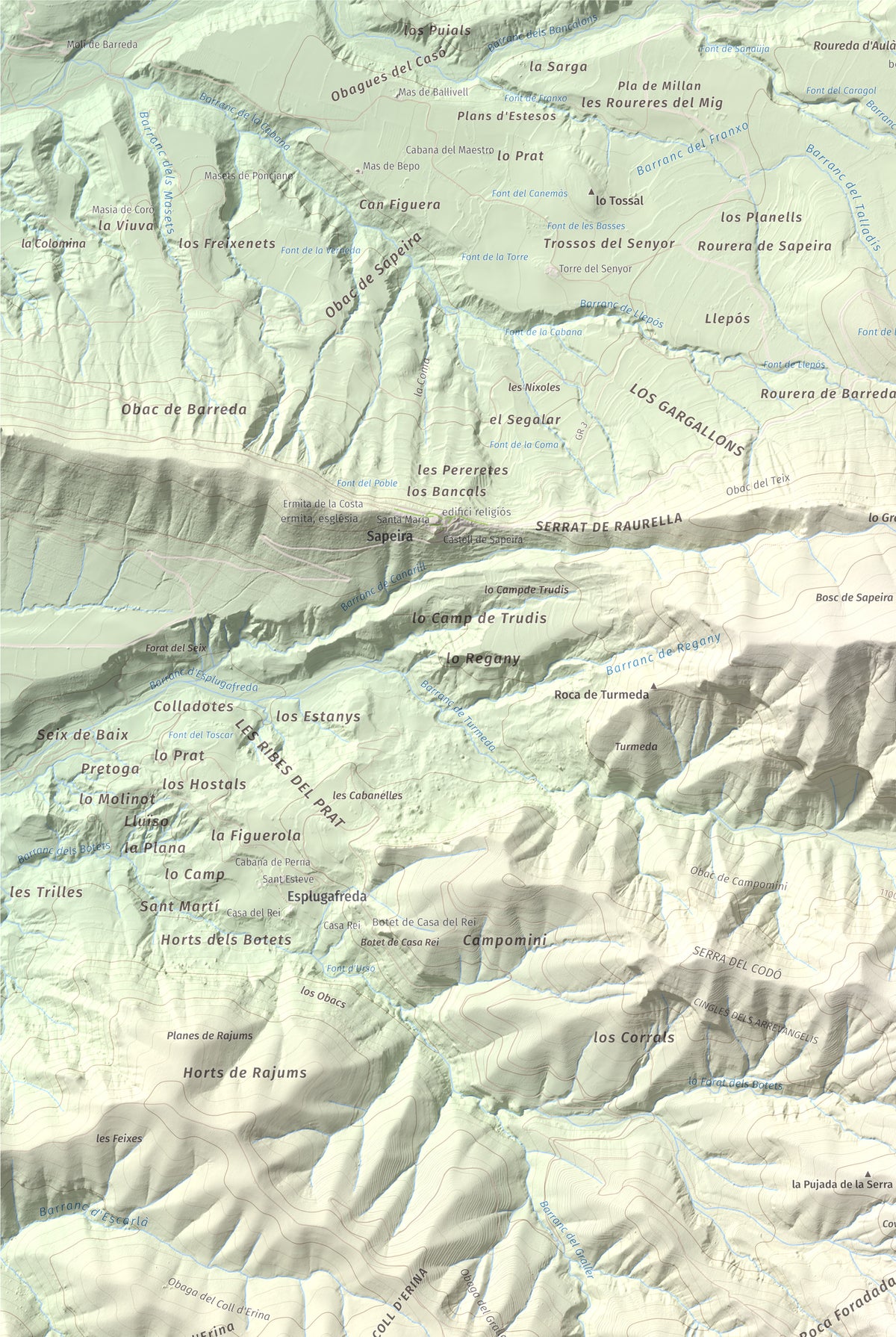 Mapa de relieve de Tossal de Codonyac, 1425 m, Pallars Jussà, lámina 100 Cims de Trobart. Detalle de la zona superior izquierda. 61 × 91 cm.