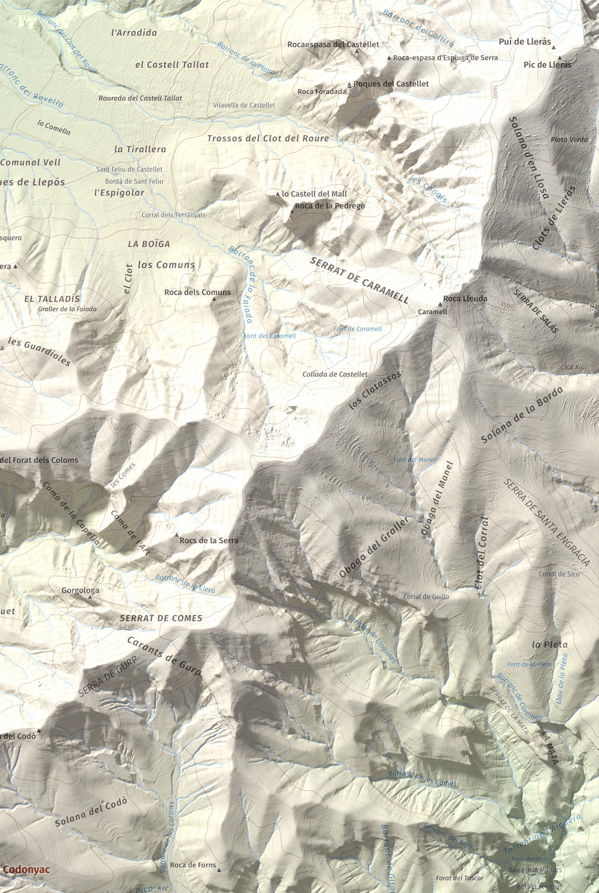 Mapa de relieve de Tossal de Codonyac, 1425 m, Pallars Jussà, lámina 100 Cims de Trobart. Detalle de la zona superior derecha. 61 × 91 cm.