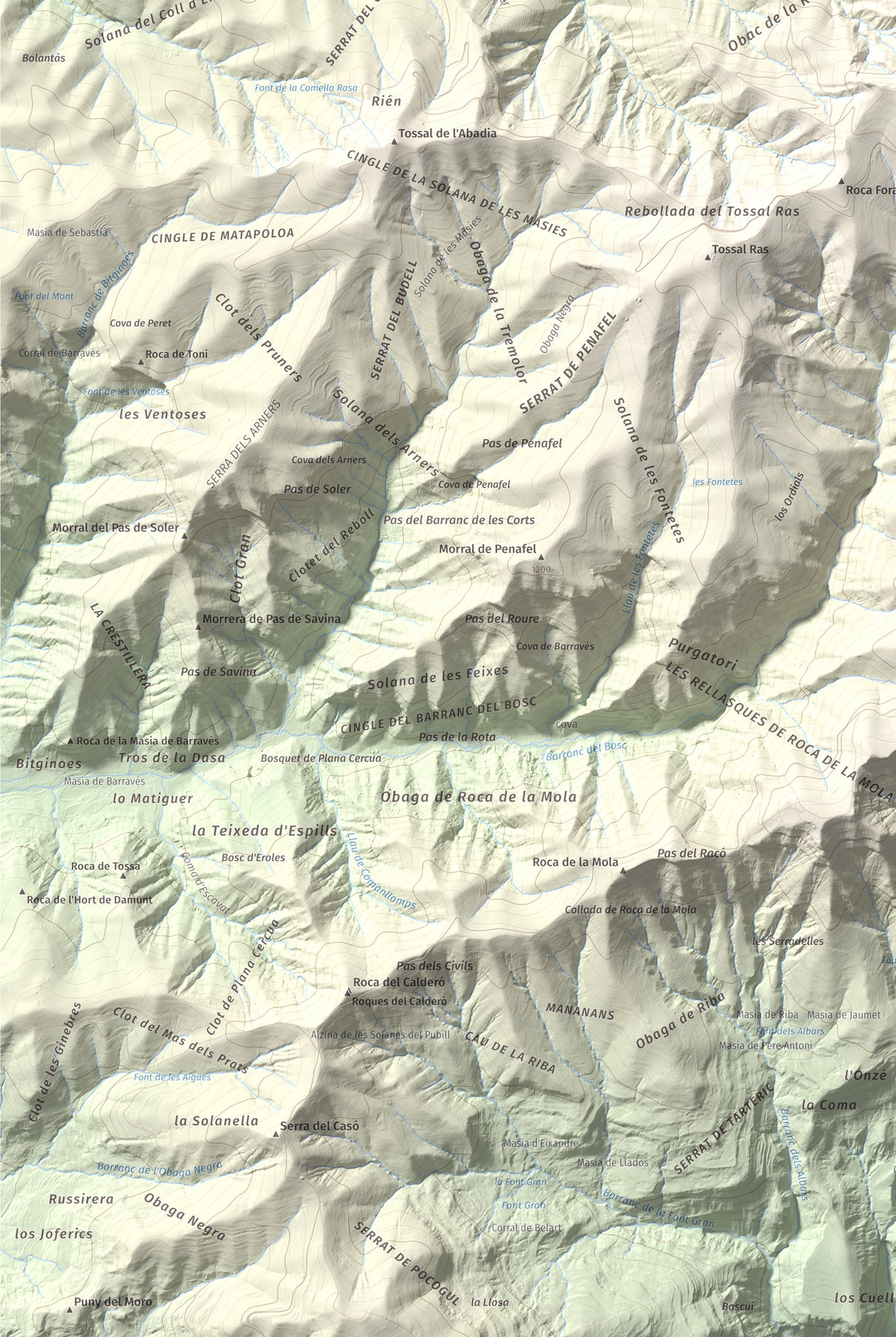 Mapa de relieve de Tossal de Codonyac, 1425 m, Pallars Jussà, lámina 100 Cims de Trobart. Detalle de la zona inferior izquierda. 61 × 91 cm.