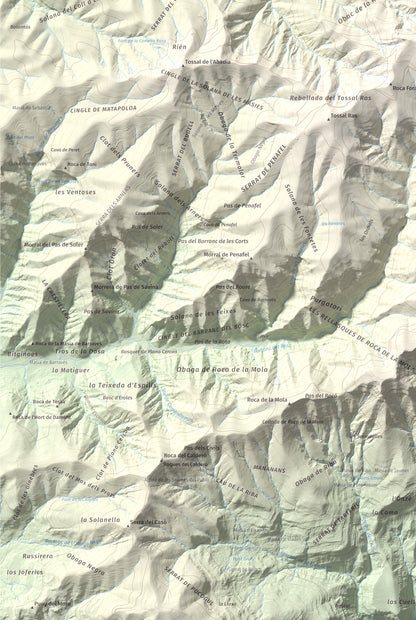 Mapa de relieve de Tossal de Codonyac, 1425 m, Pallars Jussà, lámina 100 Cims de Trobart. Detalle de la zona inferior izquierda. 61 × 91 cm.