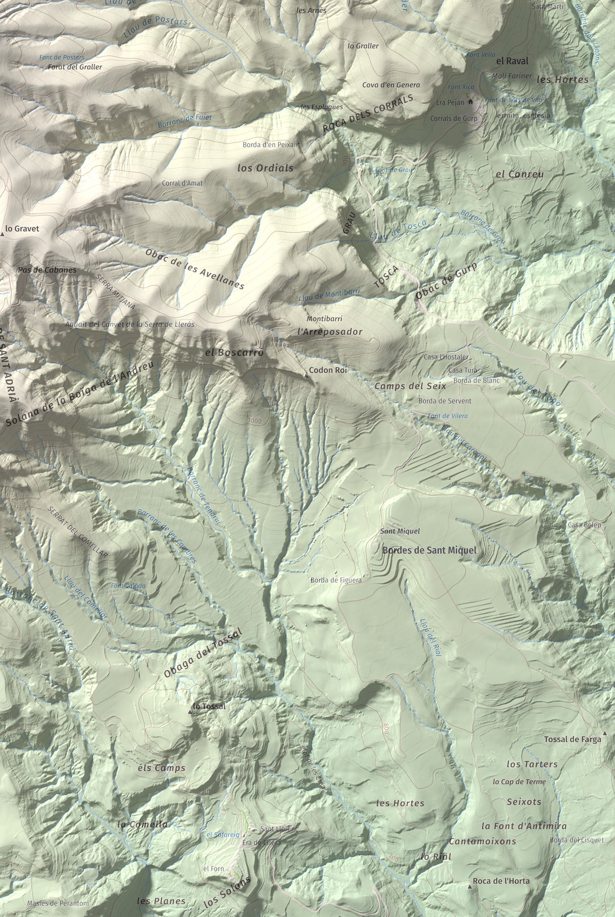 Mapa de relieve de Tossal de Codonyac, 1425 m, Pallars Jussà, lámina 100 Cims de Trobart. Detalle de la zona inferior derecha. 61 × 91 cm.