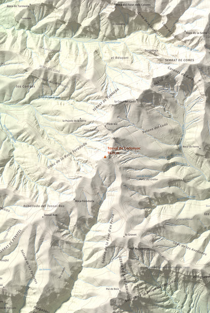 Mapa de relieve de Tossal de Codonyac, 1425 m, Pallars Jussà, lámina 100 Cims de Trobart. Detalle de la zona central. 61 × 91 cm.