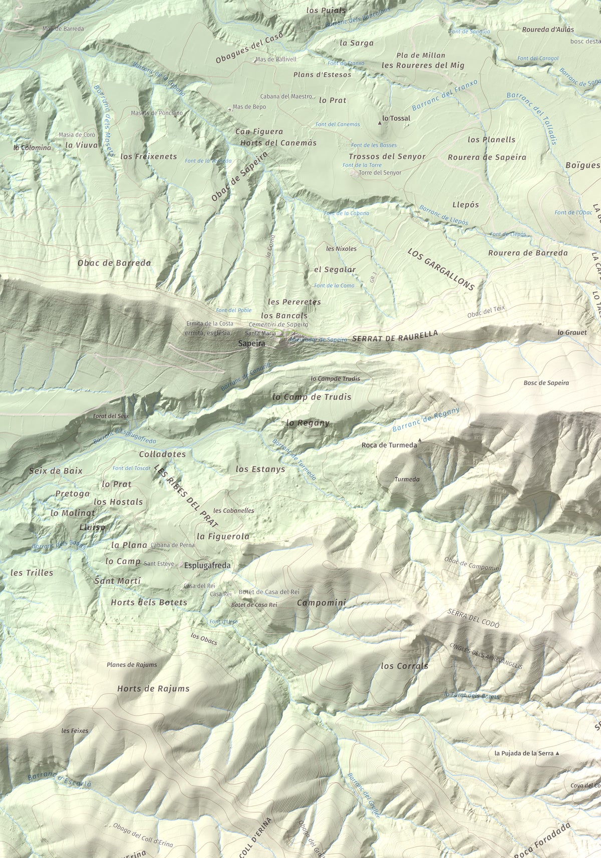 Mapa de relieve de Tossal de Codonyac, 1425 m, Pallars Jussà, lámina 100 Cims de Trobart. Detalle de la zona superior izquierda. 70 × 100 cm.