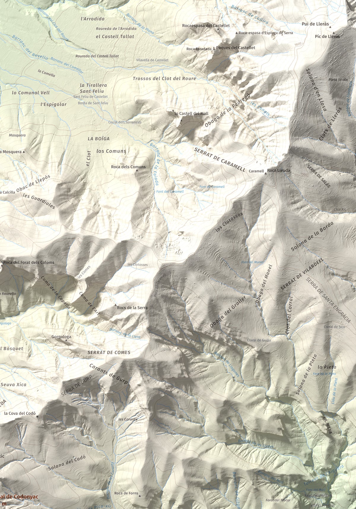 Mapa de relieve de Tossal de Codonyac, 1425 m, Pallars Jussà, lámina 100 Cims de Trobart. Detalle de la zona superior derecha. 70 × 100 cm.
