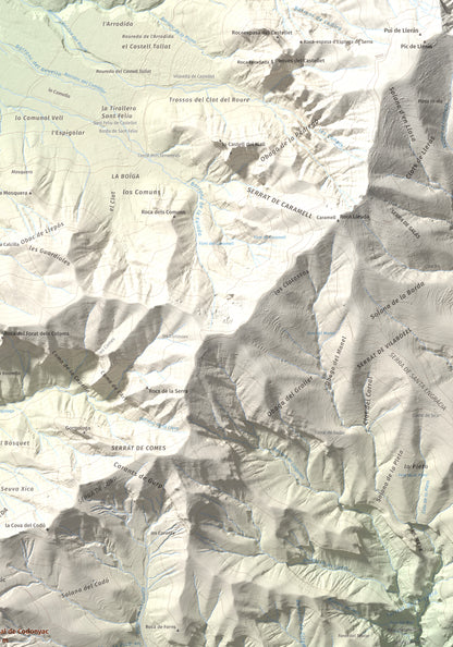 Mapa de relieve de Tossal de Codonyac, 1425 m, Pallars Jussà, lámina 100 Cims de Trobart. Detalle de la zona superior derecha. 70 × 100 cm.