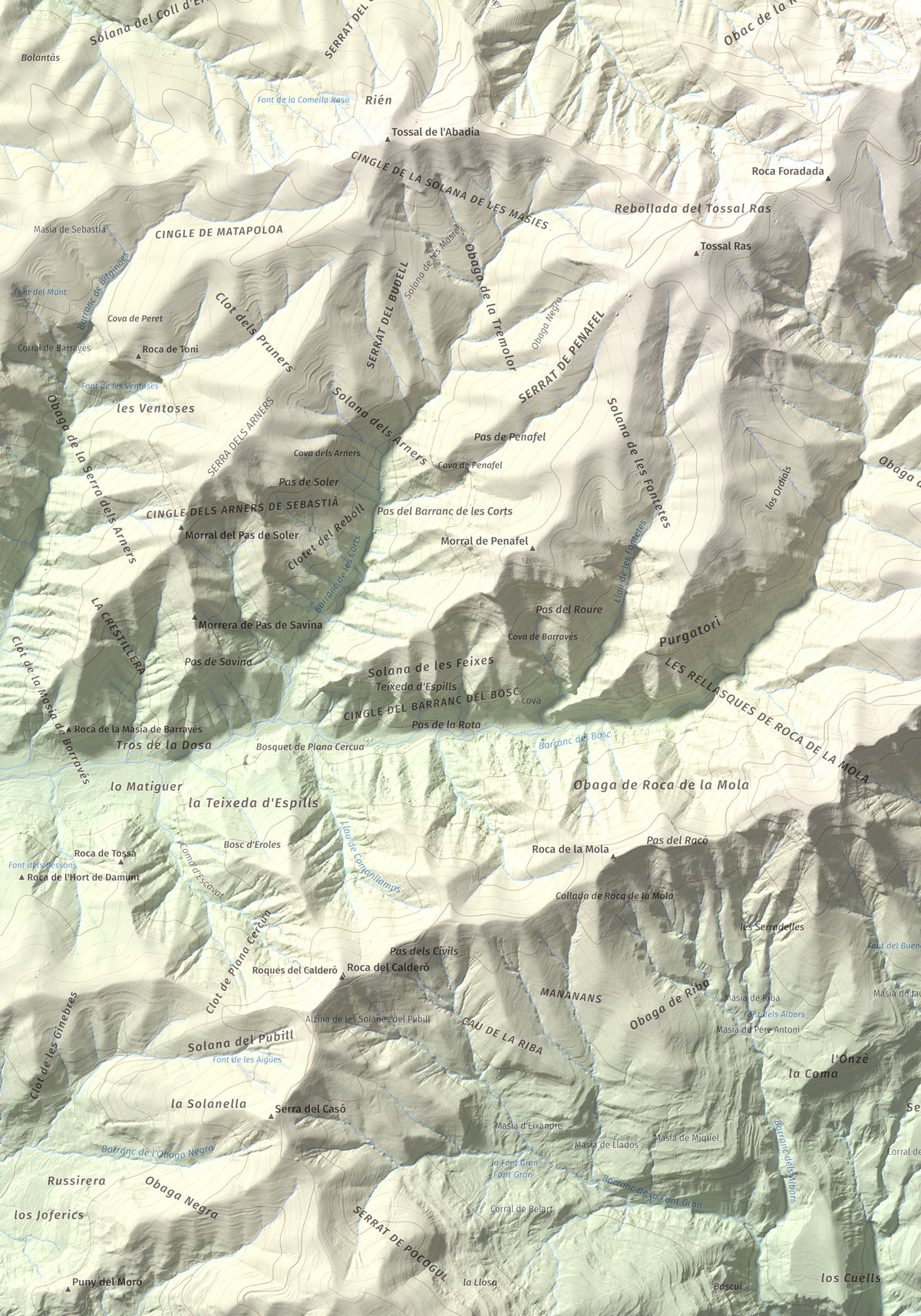 Mapa de relieve de Tossal de Codonyac, 1425 m, Pallars Jussà, lámina 100 Cims de Trobart. Detalle de la zona inferior izquierda. 70 × 100 cm.