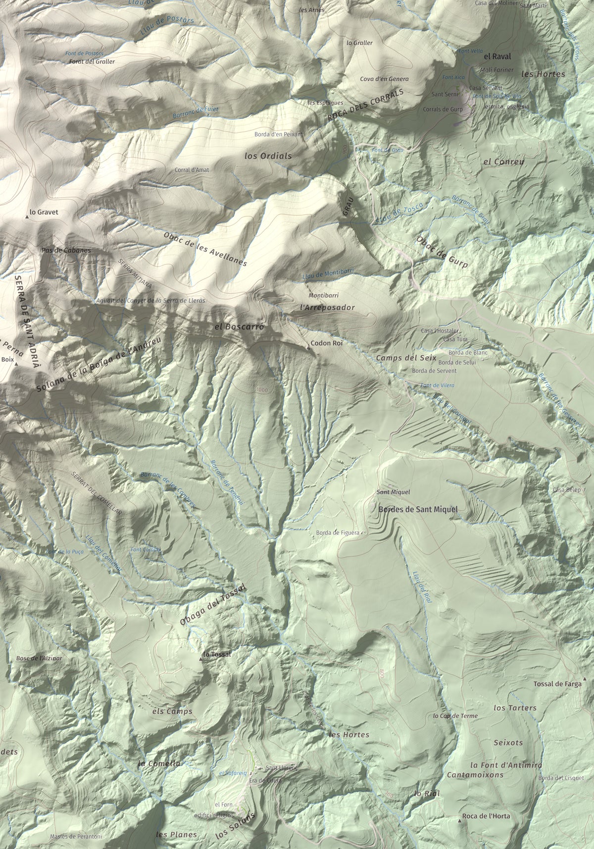 Mapa de relieve de Tossal de Codonyac, 1425 m, Pallars Jussà, lámina 100 Cims de Trobart. Detalle de la zona inferior derecha. 70 × 100 cm.