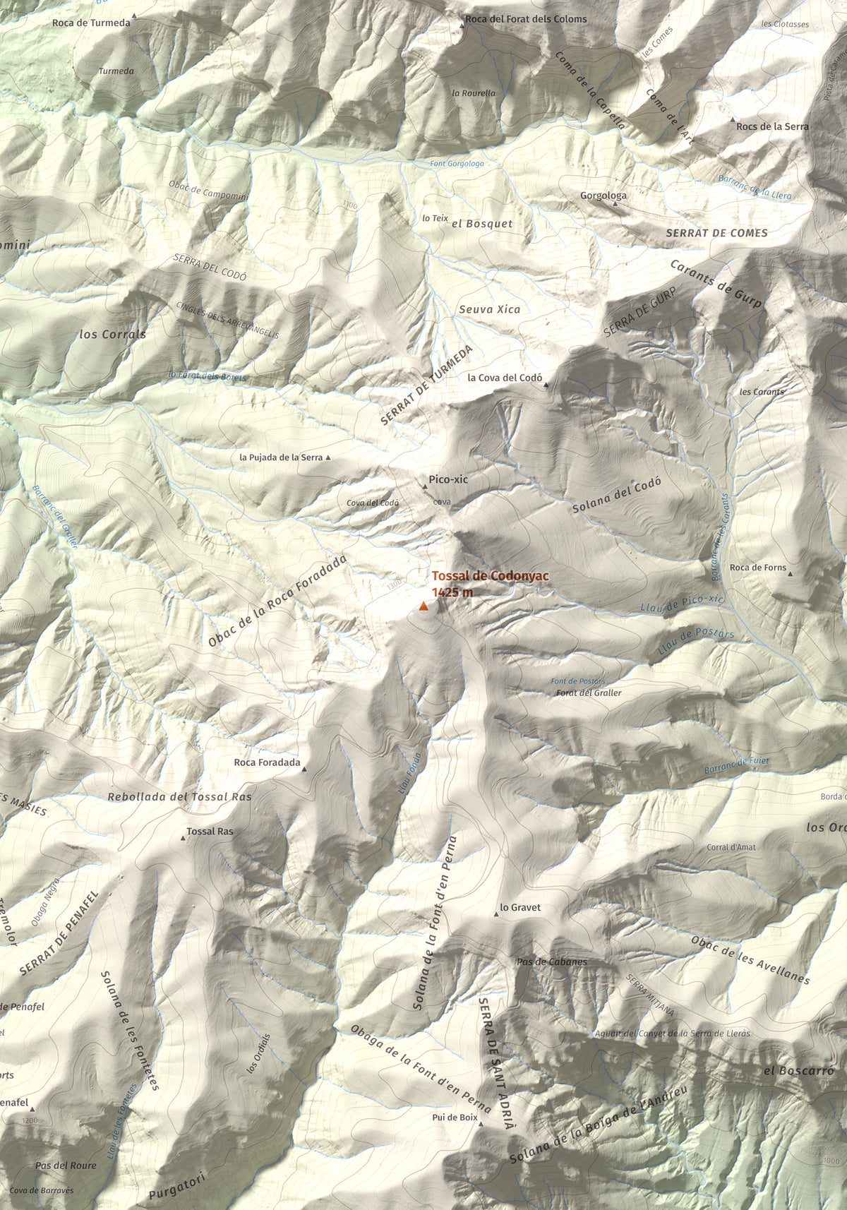 Mapa de relieve de Tossal de Codonyac, 1425 m, Pallars Jussà, lámina 100 Cims de Trobart. Detalle de la zona central. 70 × 100 cm.