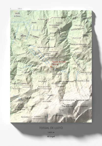 Mapa de relieve de Tossal de Lletó, 1631 m, Alt Urgell, lámina 100 Cims de Trobart 21 × 30 cm.