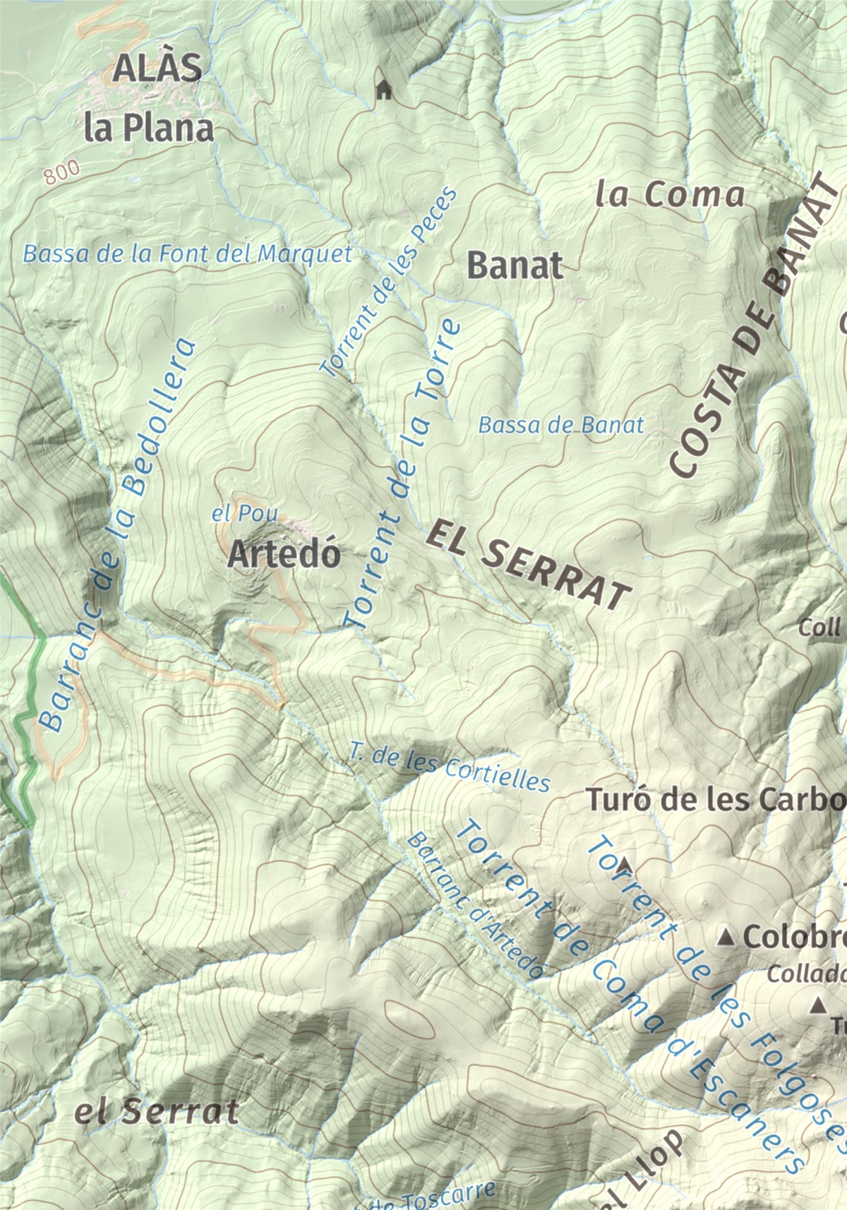 Mapa de relieve de Tossal de Lletó, 1631 m, Alt Urgell, lámina 100 Cims de Trobart. Detalle de la zona superior izquierda. 21 × 30 cm.