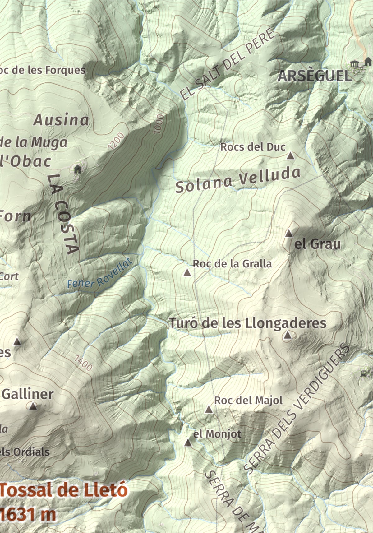 Mapa de relieve de Tossal de Lletó, 1631 m, Alt Urgell, lámina 100 Cims de Trobart. Detalle de la zona superior derecha. 21 × 30 cm.